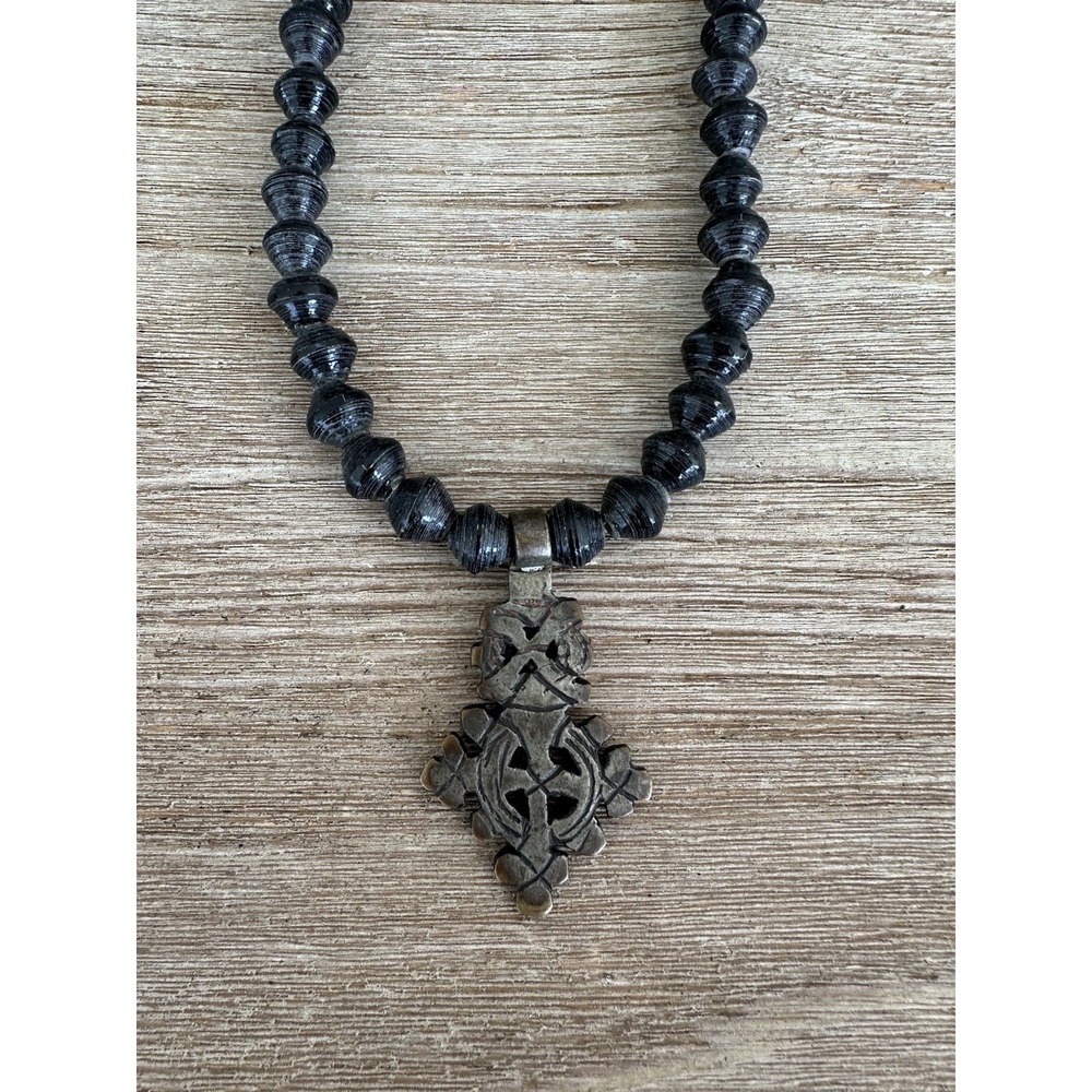 Ethiopian Cross Uganda Paper Bead Necklace Toggle Clasp 26"‎
